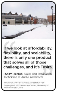 Testimonial quote about Tesira affordability, flexibility, and scalability with snowy university campus building photo background