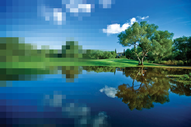 Image of a pond that on the left is very blocky blurry and an example of Blocking (Spatial)