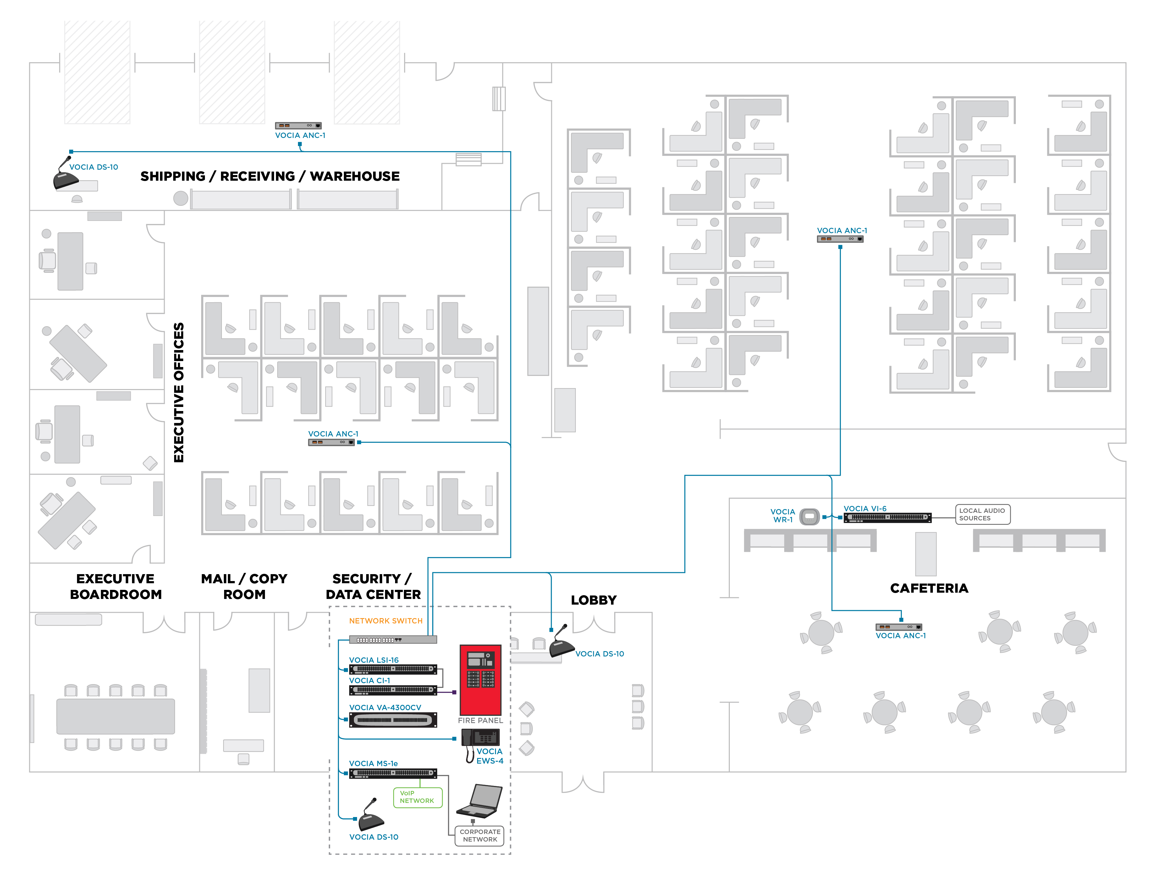 Biamp Vocia paging and voice evacuation floor plan for office and warehouse, showing networked controllers, speakers and fire panel integration.