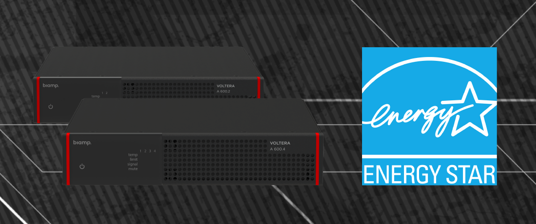 Biamp Voltera power amplifiers with ENERGY STAR certification logo, efficient audio amplification for commercial AV systems