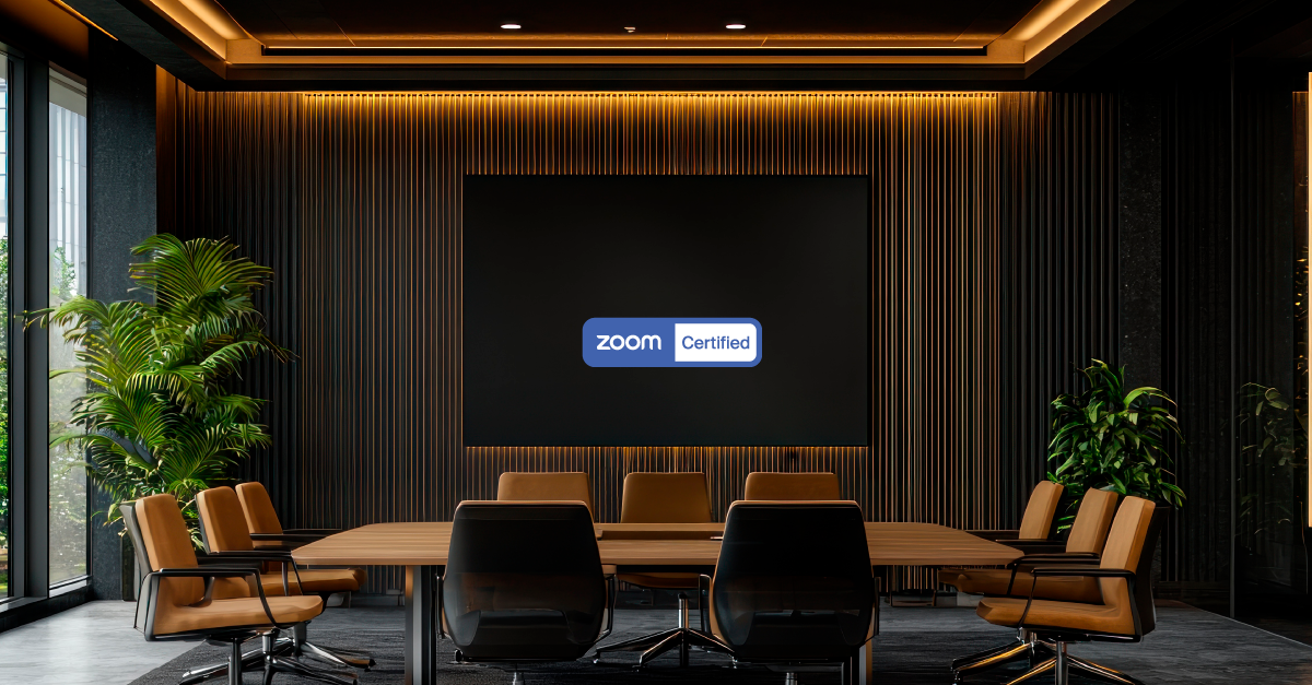 Modern Zoom Certified conference room with large display, boardroom table, and professional video conferencing setup