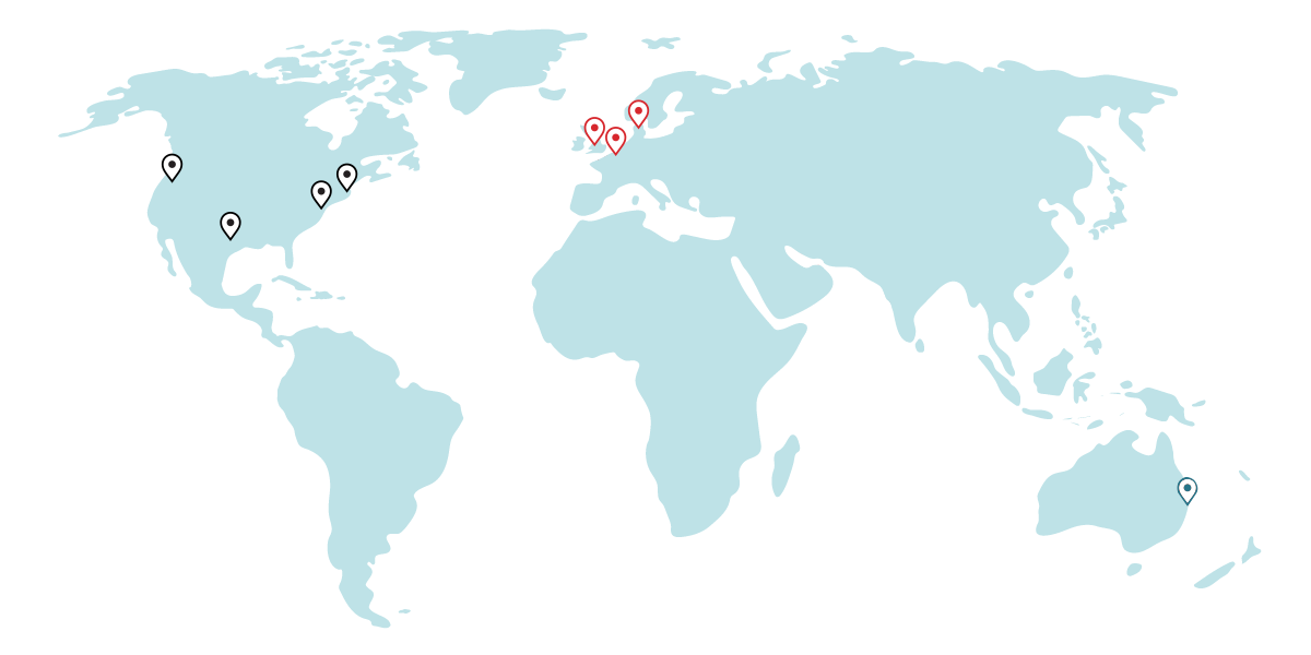 Global map marking operation offices in north America, Europe, and Australia 