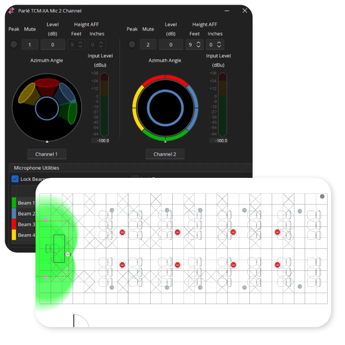Screenshot of the Biamp Parlé TCM-XA microphone interface showing two audio channels with azimuth angle and input level meters, alongside a room layout diagram displaying microphone beam coverage zones in green over a conference table setup