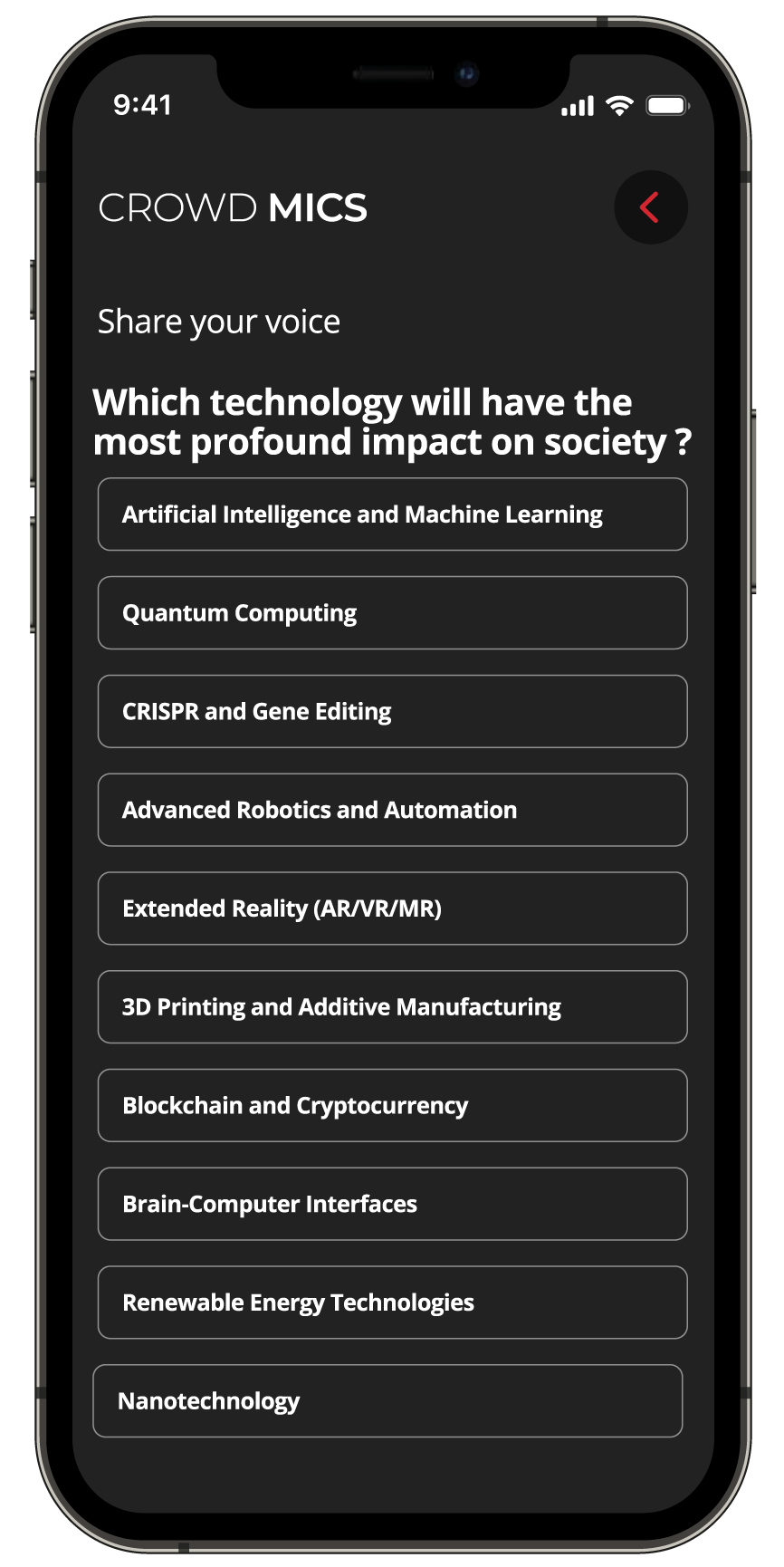 Smartphone screen showing the Crowd Mics app asking which emerging technology will most impact society, with multiple choice options.
