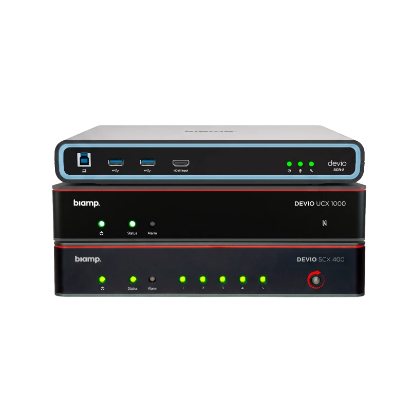 The Devio family: Devio UCX, Devio SCX and Devio SCR meeting room hubs