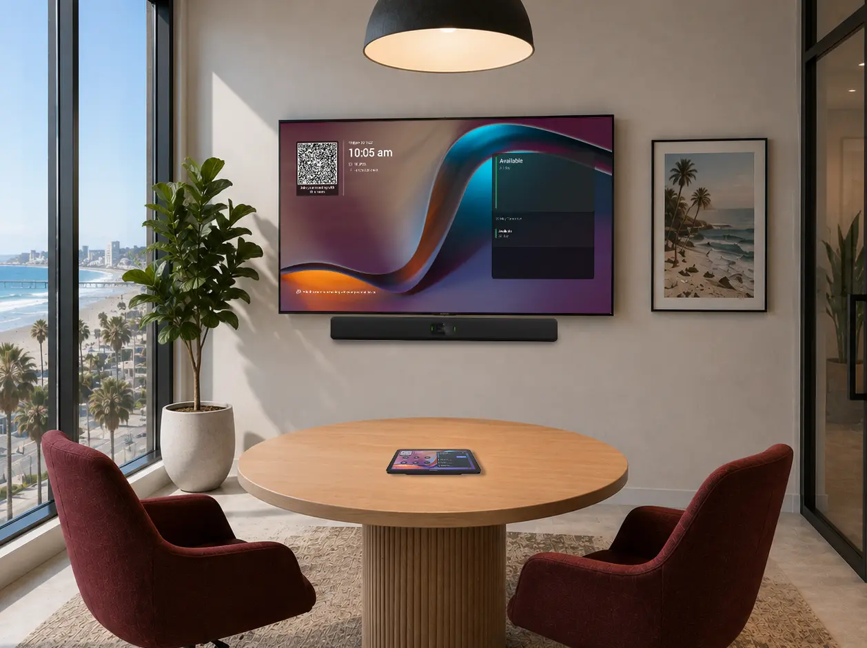 A huddle room setup with a small meeting table