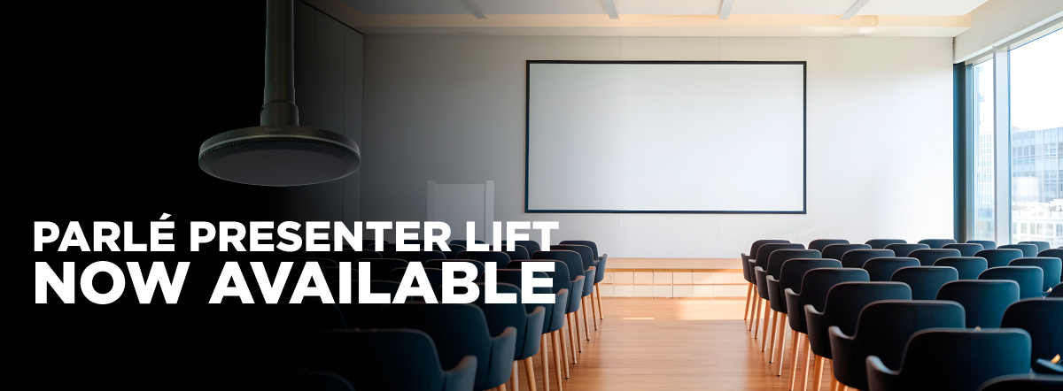 Modern conference room with a large screen and rows of seats; Parlé Presenter Lift advertisement.