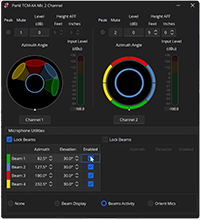 Parlé presenter lift user interface showing microphone beam steering, channel meters, and audio level controls.