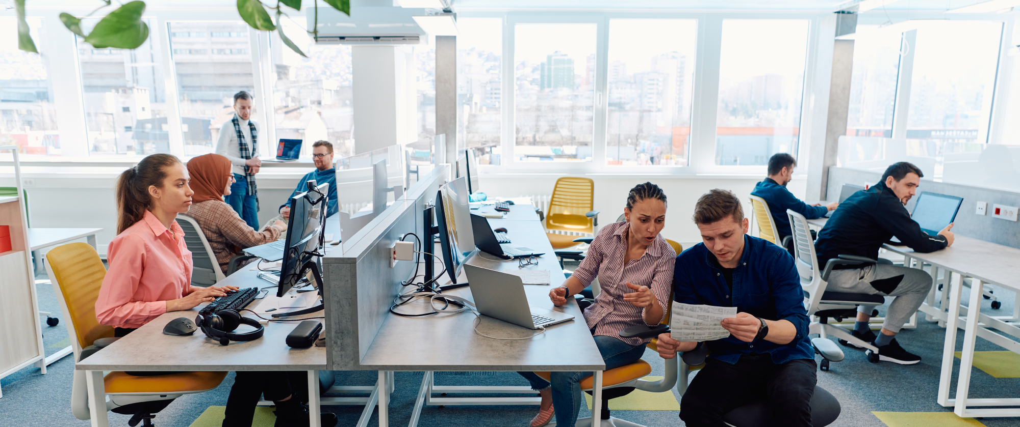 Modern open office workspace with employees collaborating, working at computers, and meeting in a bright shared environment