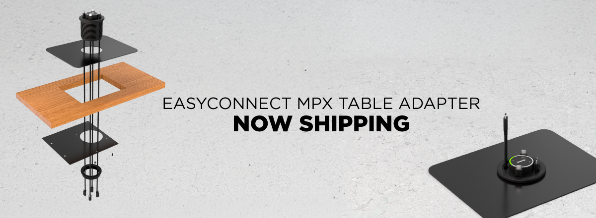 EasyConnect MPX table adapter now shipping, shown as exploded installation view for conference table cable connection