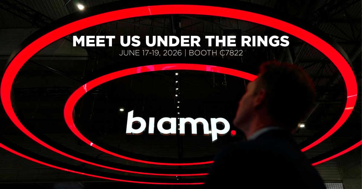 Meet us under the rings at Biamp booth C7822, June 17-19 2026, with red ring trade show display and Biamp logo
