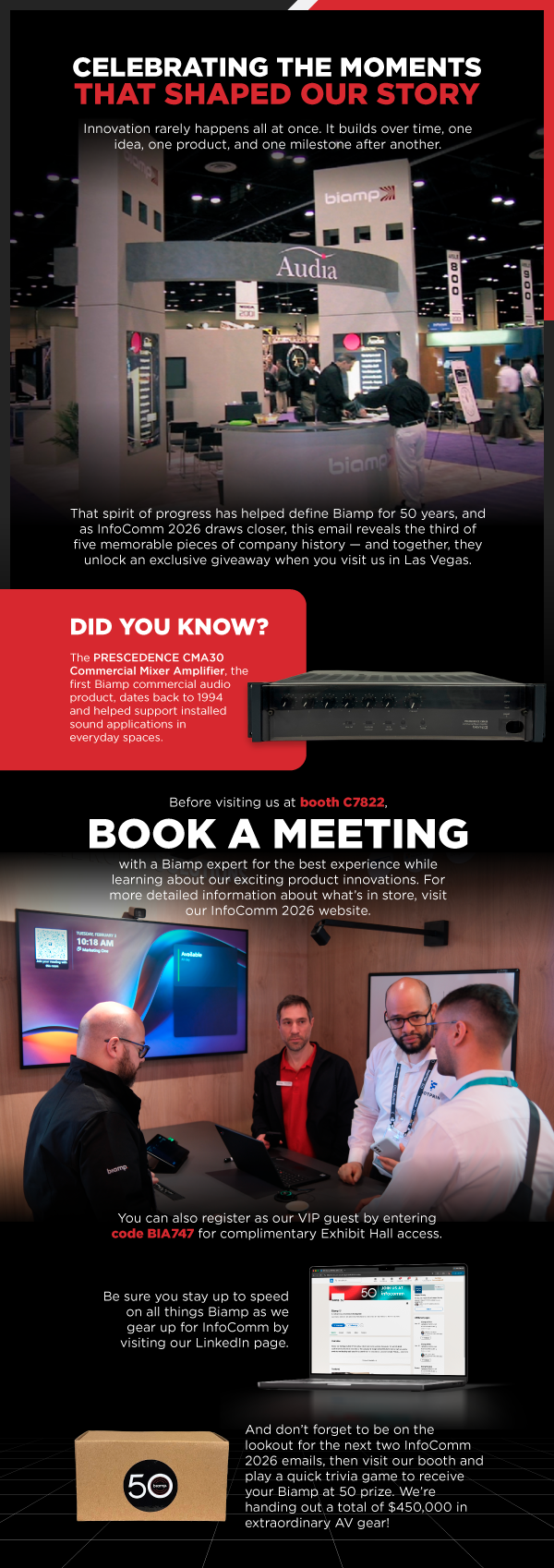Biamp history and InfoComm 2026 promo banner with booth meeting invite, giveaway details, and vintage product spotlight