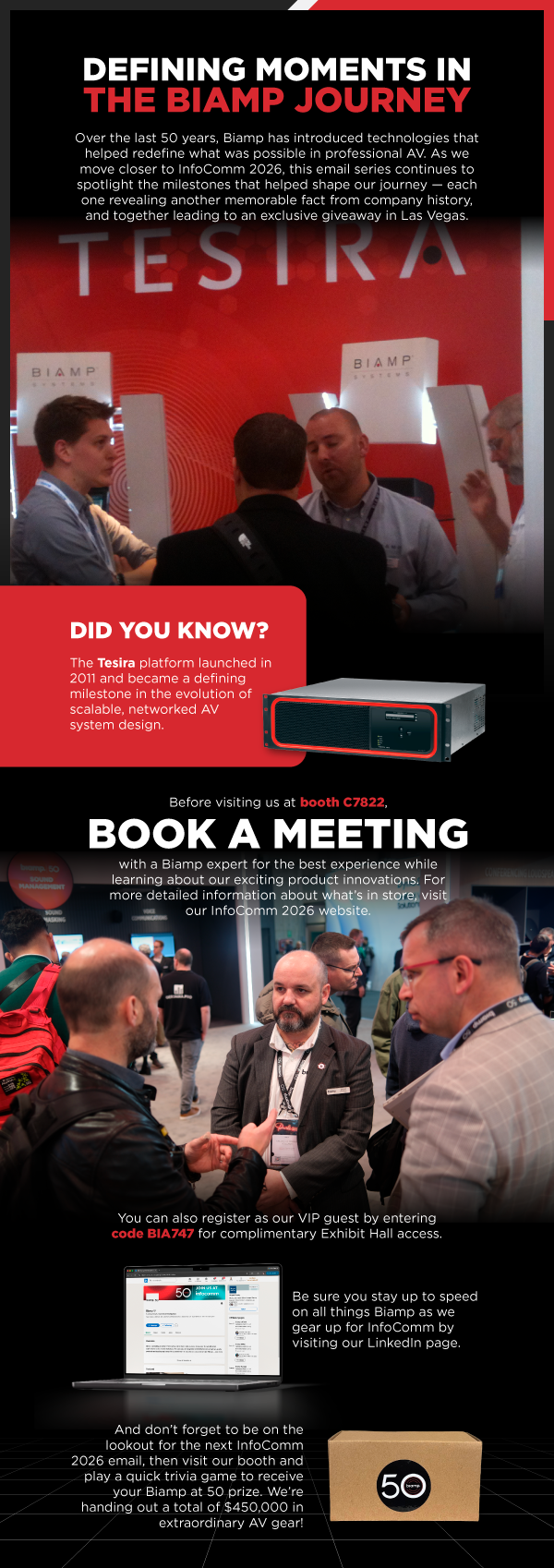 Biamp InfoComm 2026 promo featuring Tesira milestone, booth meeting invite, VIP registration code, and giveaway details