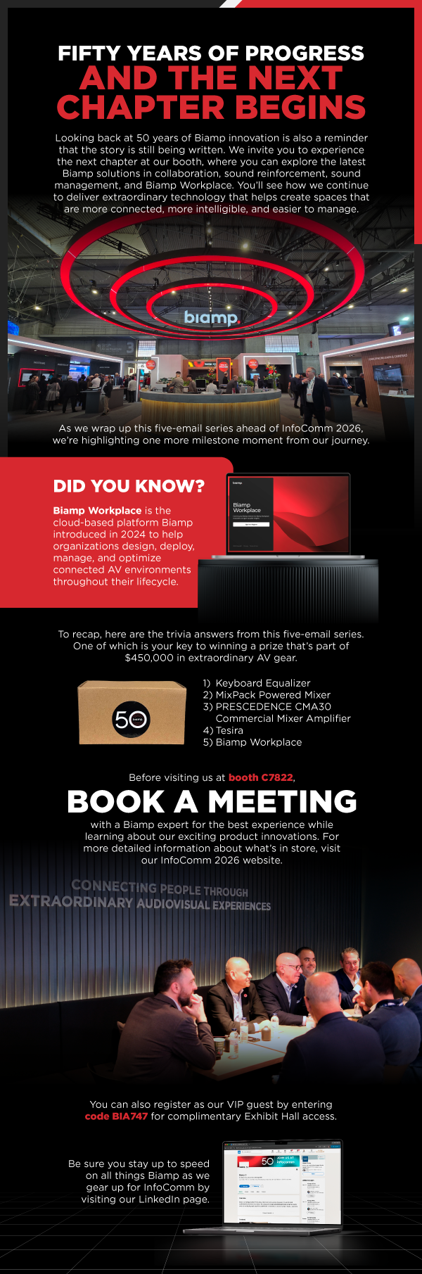 Biamp InfoComm 2026 banner celebrating 50 years of progress with booth invite, Workplace platform, and AV giveaway promotion