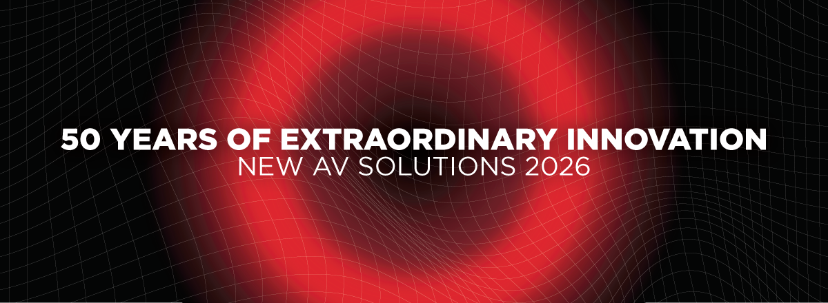 50 years of extraordinary innovation banner for New AV Solutions 2026 with abstract red grid background