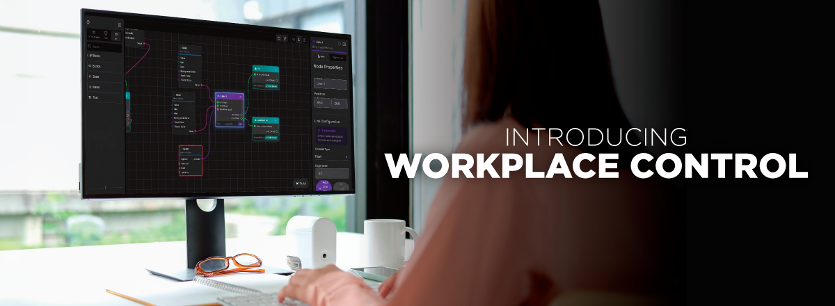 Person at desk viewing a computer screen with a node-based software interface beside the text Introducing Workplace Control.