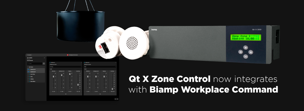 Qt X Zone Control integrates with Biamp Workplace Command, featuring Biamp controller, speakers, and dashboard interface