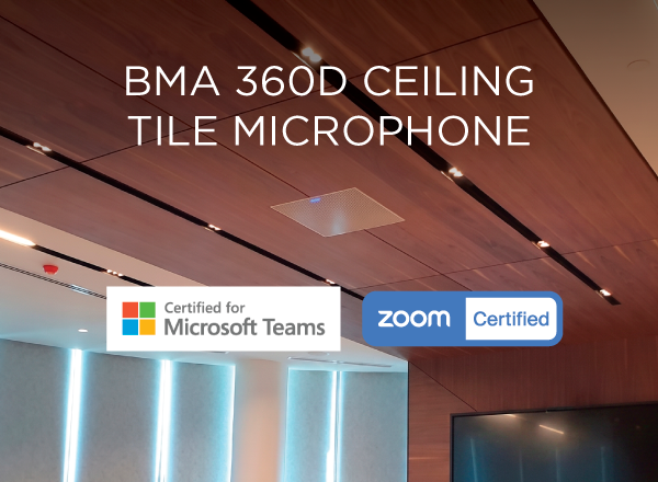 BMA 360D ceiling tile microphone in modern conference room, certified for Microsoft Teams and Zoom Rooms