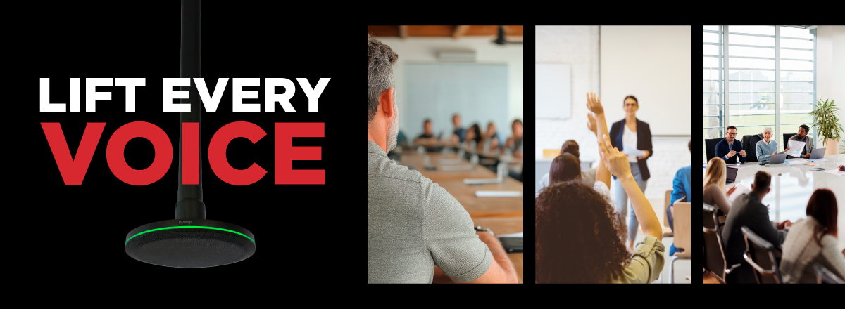Lift Every Voice banner featuring ceiling microphone and meeting room collaboration scenes for clear conference audio