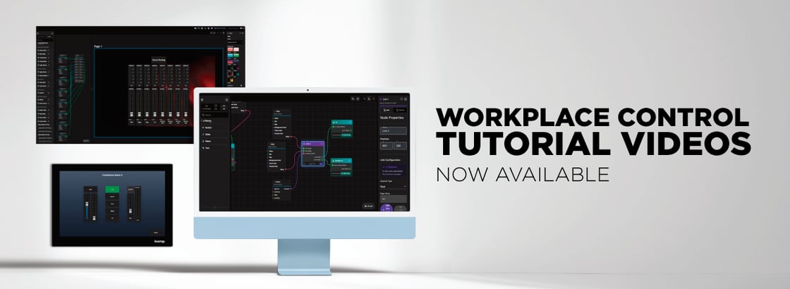 Person at desk viewing a computer screen with a node-based software interface beside the text “Introducing Workplace Control.”