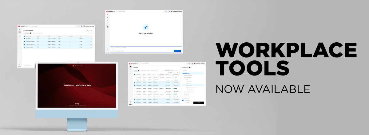 Workplace Tools now available banner with desktop monitor and software dashboard screens for device and workspace management
