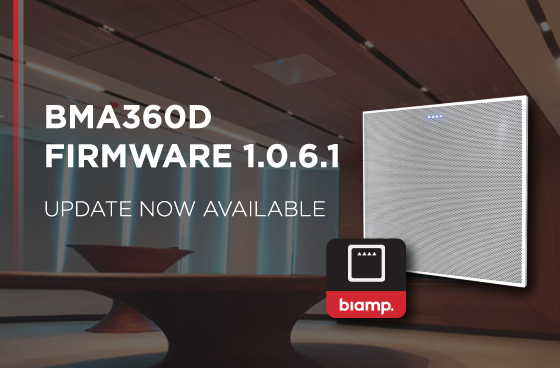 Biamp BMA360D firmware 1.0.6.1 update banner featuring ceiling-mounted conference room audio device in modern meeting space