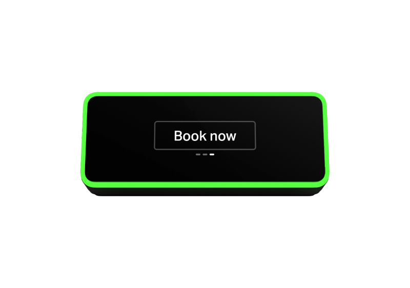 Evoko Kleeo device with green border displaying 'Book now' button on screen