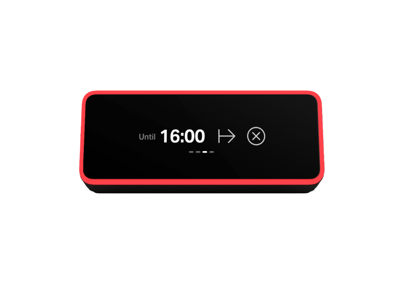 Evoko Kleeo device with red border showing booking time until 16:00 with cancel and extend options