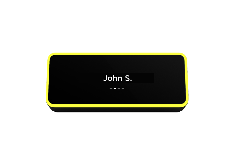 Evoko Kleeo device with yellow border displaying name John S. on screen