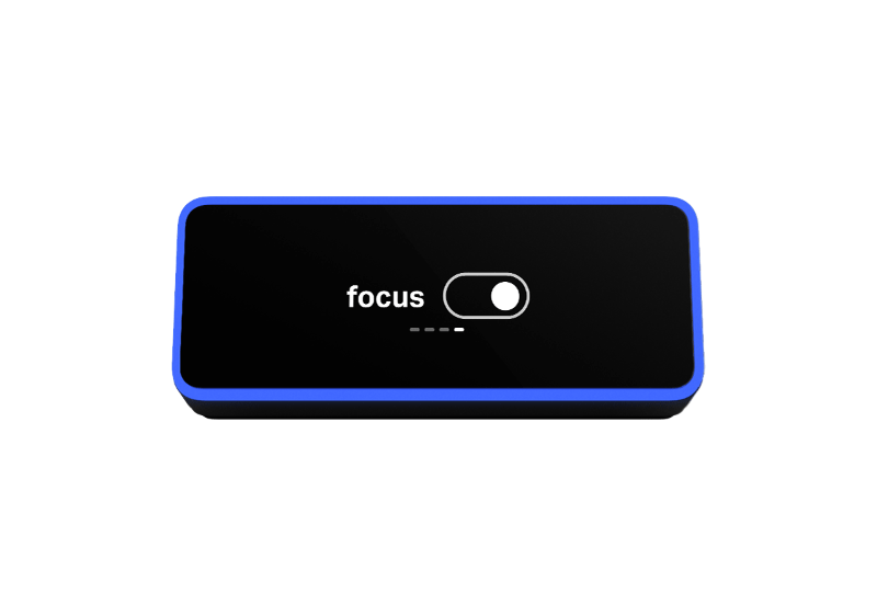 Evoko Kleeo device with blue border showing focus toggle switch on screen