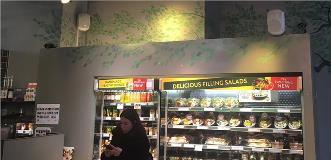 Cafe interior with a glass refrigerated display of salads and sandwiches, leafy wall art, and a person near the counter.