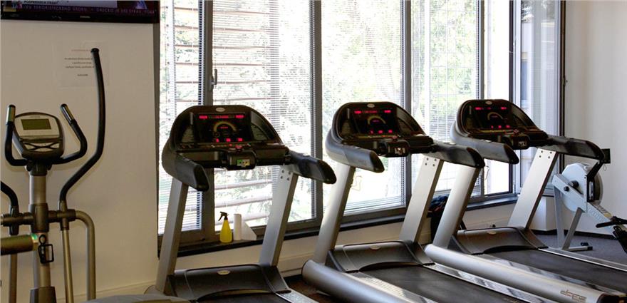 Row of treadmills and an exercise bike in a gym positioned by large windows with blinds.