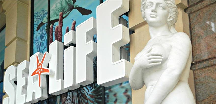 “SEA LIFE” aquarium entrance sign beside a classical white marble statue.