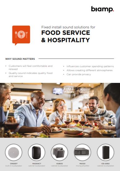 Biamp fixed install sound solutions brochure for food service and hospitality venues with happy diners and speaker lineup