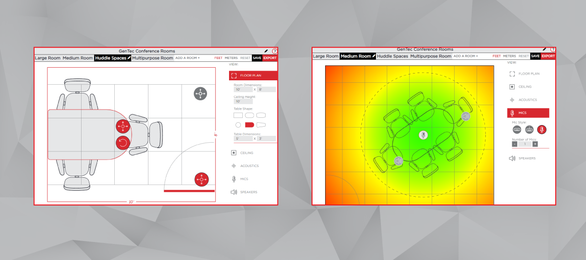 Biamp online room designer interface showing huddle and medium conference room microphone coverage planning