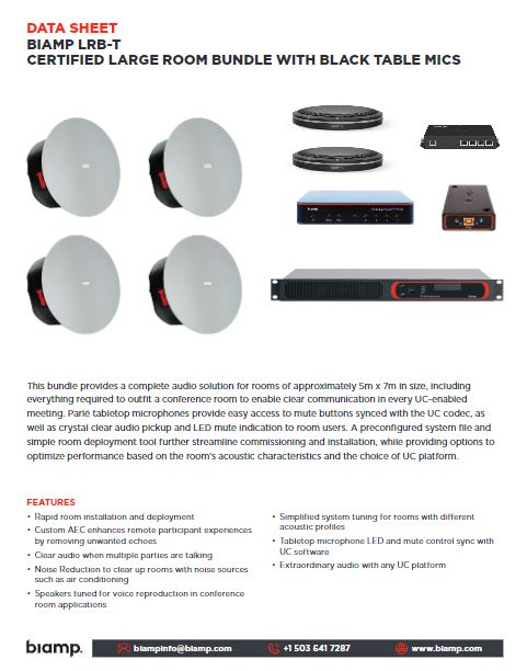 Biamp LRB‑T certified large room conference bundle with black Parlé table microphones and ceiling speakers data sheet