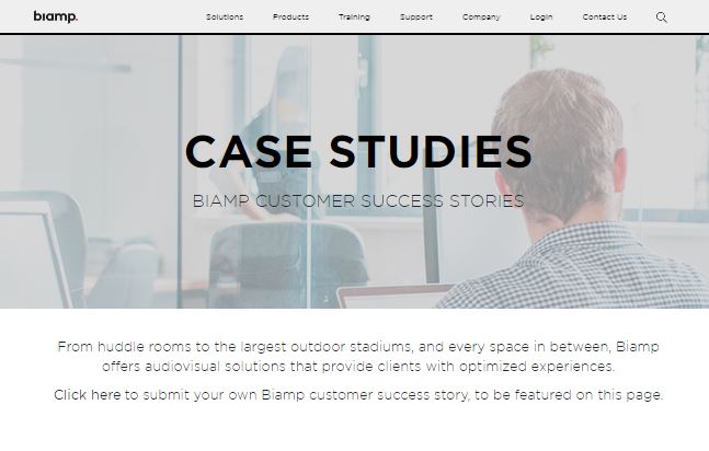 Biamp case studies webpage highlighting customer success stories with audiovisual solutions across diverse spaces