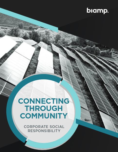 Biamp corporate social responsibility brochure cover with solar panels and 'Connecting Through Community' text