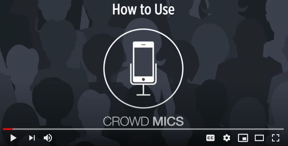 How to use Crowd Mics tutorial showing smartphone microphone icon over audience silhouette background