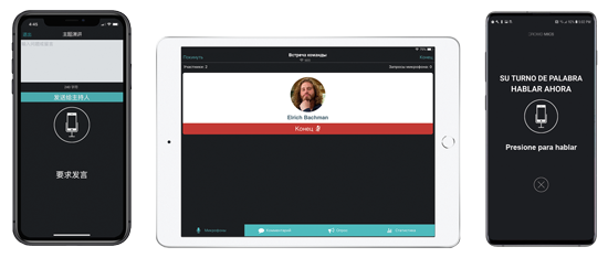 Crowd Mics app interface on smartphone and tablet screens enabling multilingual audience participation