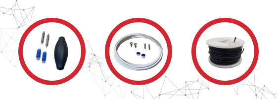 Biamp loudspeaker installation accessories including cable connectors, suspension kit and black audio cable spool