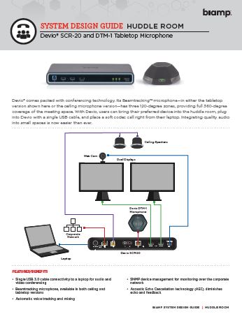 Biamp system design guide for huddle rooms featuring Devio SCR‑20 and DTM‑1 tabletop microphone diagram