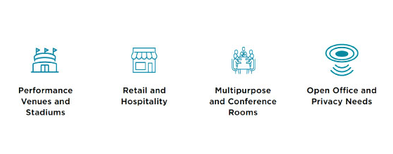 Icons showing Biamp solutions for performance venues, retail, conference rooms, and open office privacy needs