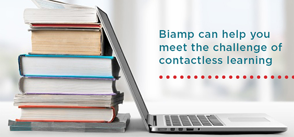 Stack of textbooks beside laptop with message: Biamp can help you meet the challenge of contactless learning