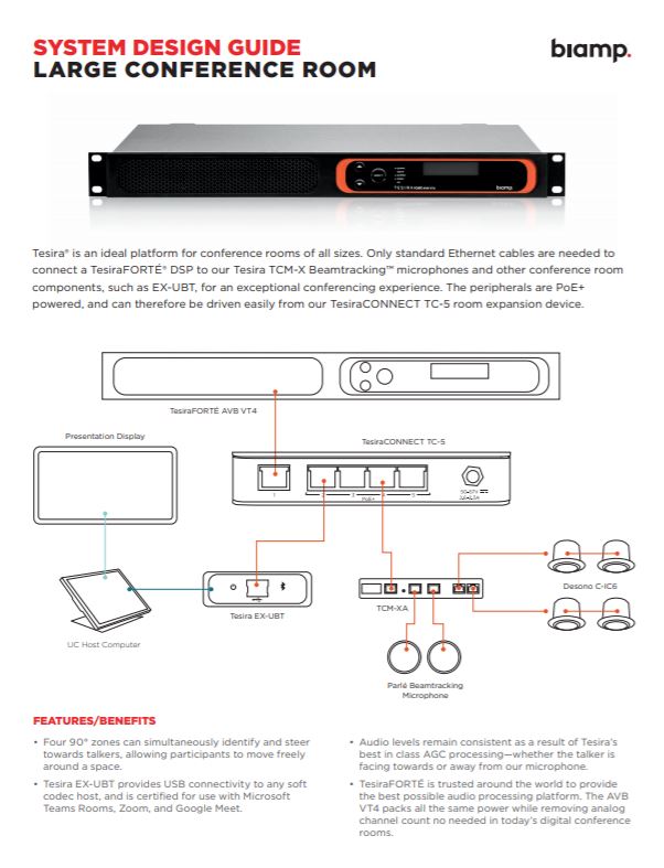 Biamp system design guide for large conference rooms featuring TesiraFORTÉ, TesiraCONNECT and Parlé microphones