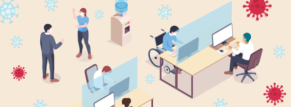 Illustration of socially distanced office workers with masks and desk partitions during COVID‑19 pandemic