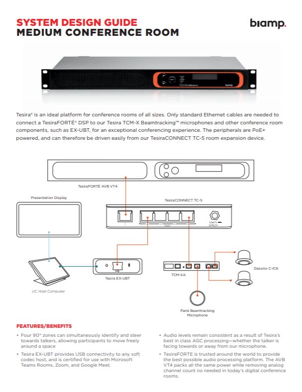 Biamp system design guide for medium conference room using TesiraFORTÉ, TesiraCONNECT and Parlé beamtracking mic