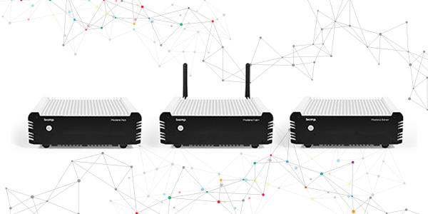 Biamp Modena Hub, Hub and Modena Server wireless collaboration devices on abstract network background