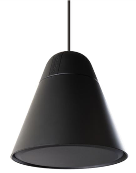 Biamp black pendant loudspeaker with modern cone design for high‑ceiling audio installations