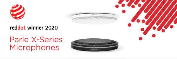 Biamp Parlé X‑Series microphones, Red Dot Design Award 2020 winning ceiling and tabletop conferencing mics